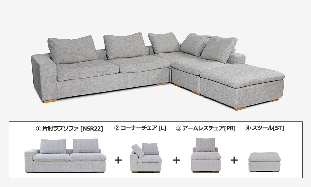カウチソファ4点セット「Nソロモン」ユニットタイプ 布#B FE5 脚AN色 組合せパーツ説明
