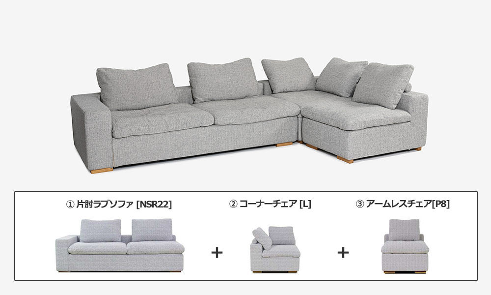 カウチソファ3点セット「Nソロモン」ユニットタイプ 布#B FE5 脚AN色 組合せパーツ説明