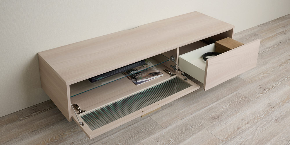 Pamouna(パモウナ)テレビボード「NW-150V」シルキーナット色の引出しとフラップ扉を開いた画像