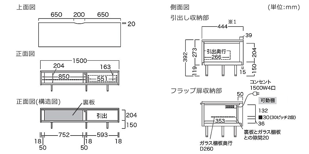 Pamouna（パモウナ）テレビボード「NW-150V」の寸法図
