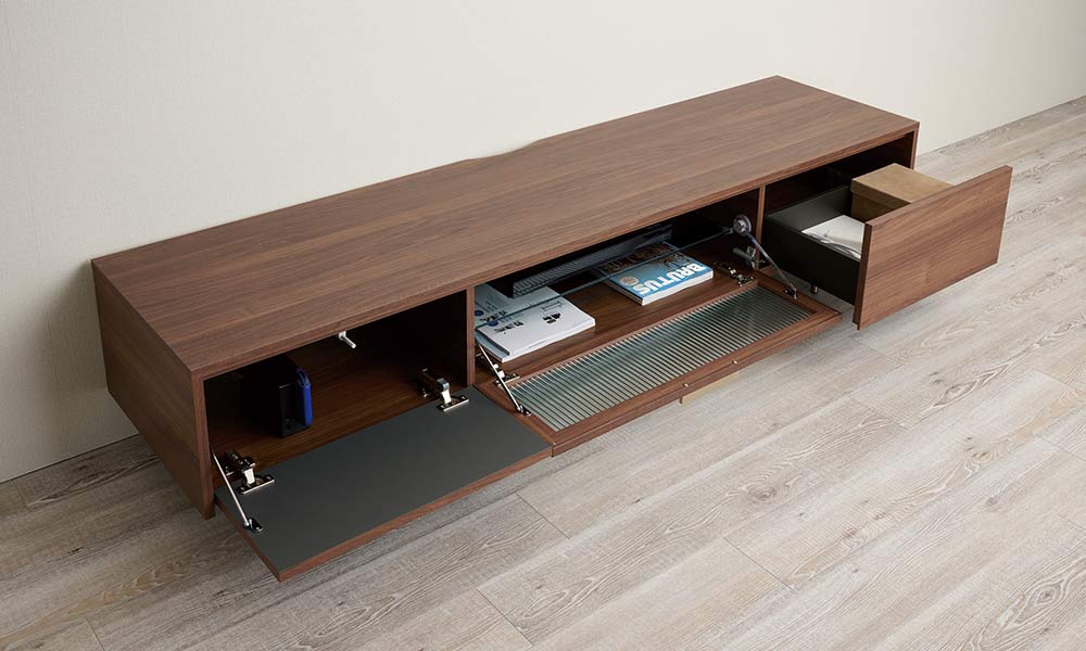 Pamouna(パモウナ)テレビボード「NW-180V」ウォールナット色の扉・引出しを開いた画像