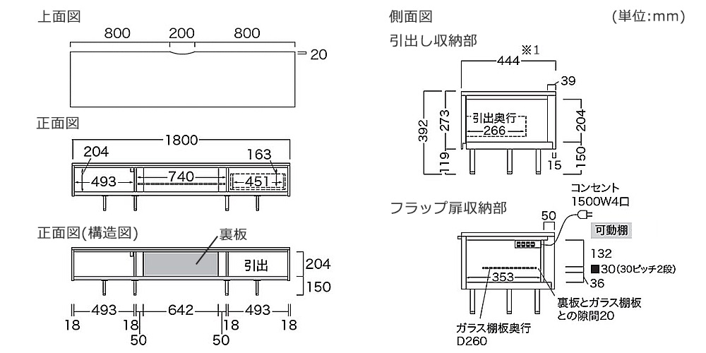 Pamouna（パモウナ）テレビボード「NW-180V」の寸法図