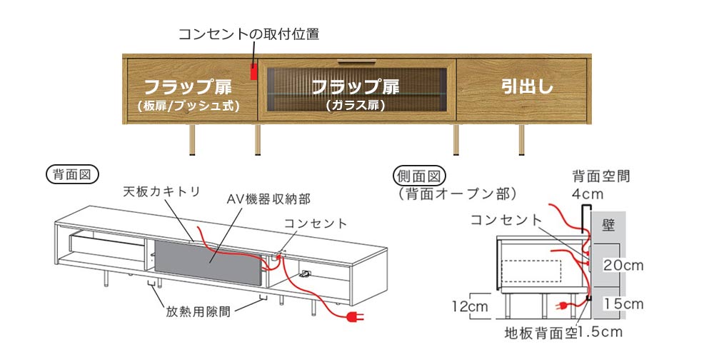 Pamouna（パモウナ）テレビボード「NW-180V」ラスティックオーク色の正面画像と、背面のコンセント通しの図面画像