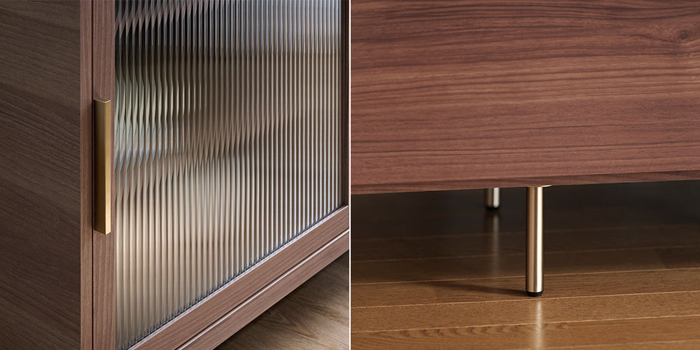 サイドボード「NWシリーズ」の取手のデザインと脚のデザイン