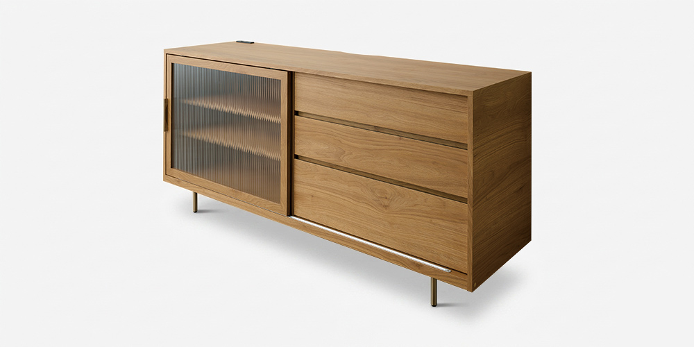 サイドボード「NWA-160C」幅160cm スライドドアタイプ ラスティックオーク色の正面画像