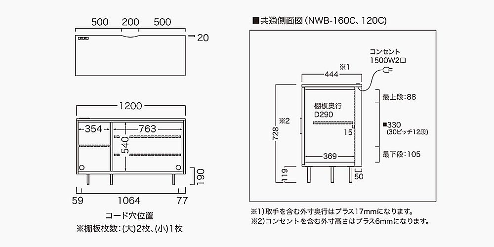 サイドボード「NWB-120C」幅120cm スイングドアタイプの寸法図