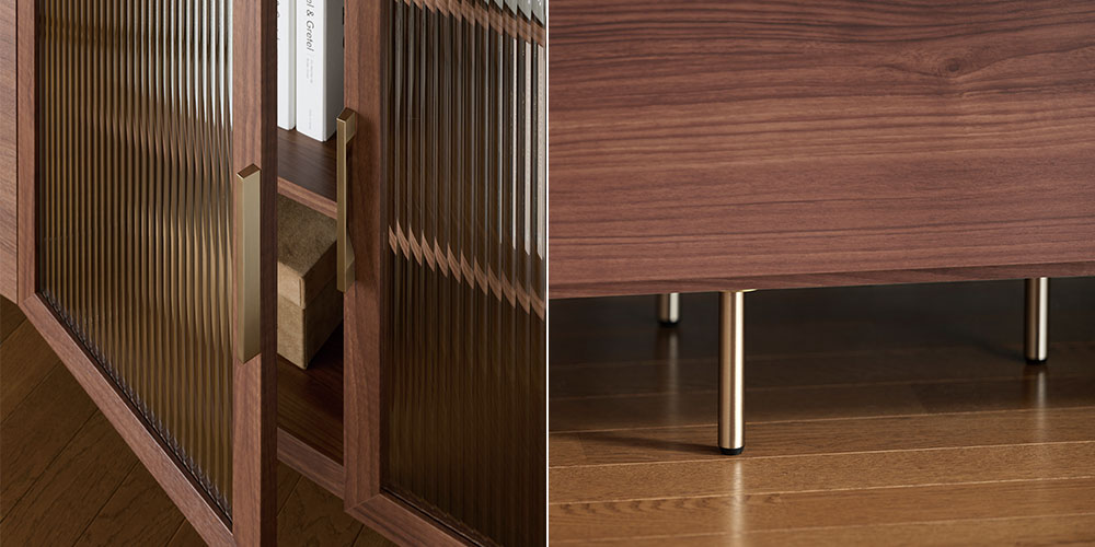 サイドボード「NWシリーズ」の取手のデザインと脚のデザイン