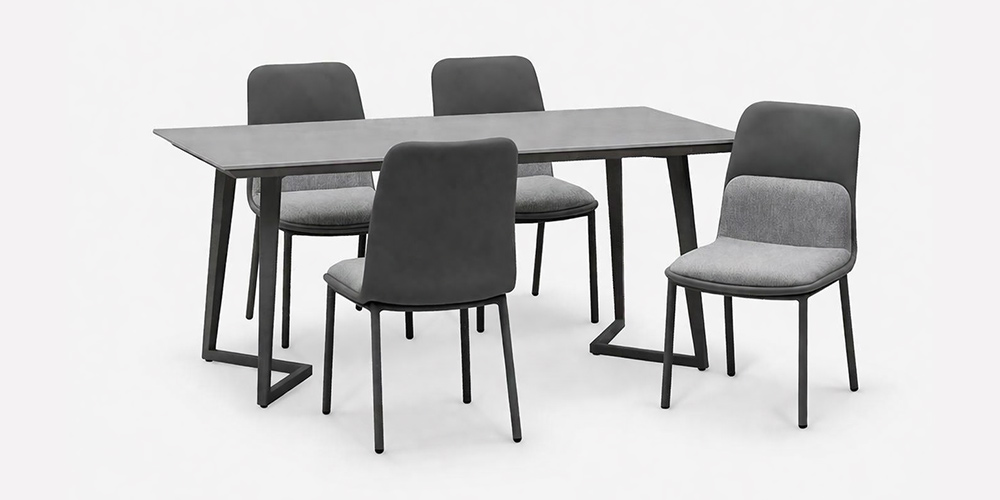 ダイニングテーブル（165DT）幅1650mmとダイニングチェア「カロル」布ダークグレー色/合成皮革ブラック色と組み合わせたイメージ画像