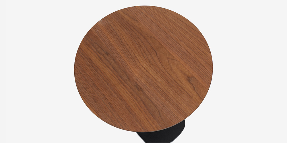 【天板アップ画像】昇降式サイドテーブル（丸）「koko ココ」天板 ウォールナット 脚 ブラック色
