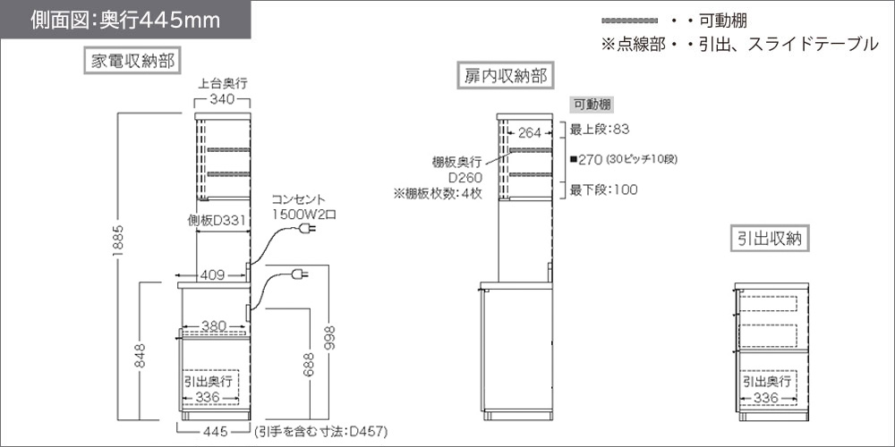 RLシリーズ引出しタイプ奥行445mmの側面図