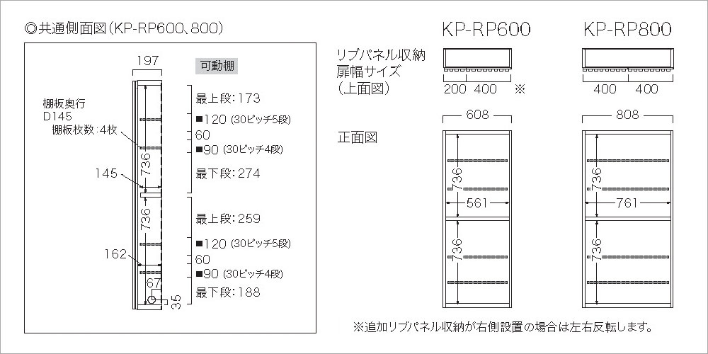 テレビボード「KP-RP600/800」の側面図