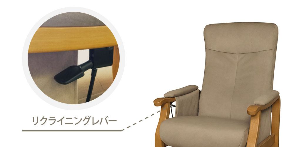 肘置き下にあるリクライニングレバーのイメージ