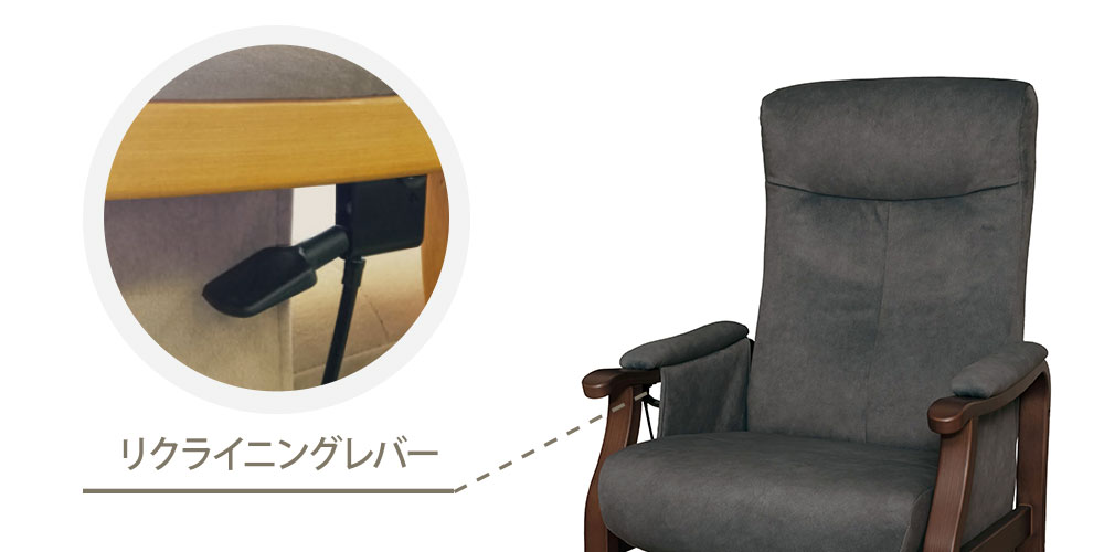 肘置き下にあるリクライニングレバーのイメージ