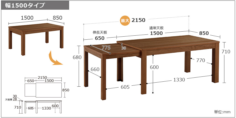 幅1500～2150タイプのサイズ詳細