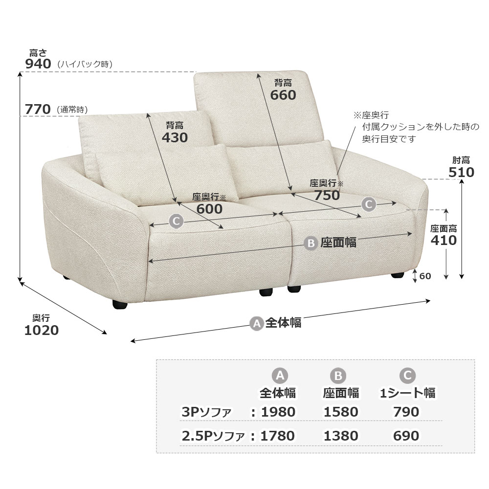 ソファ「セルシオ」の詳細サイズ