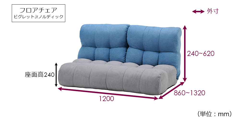フロアソファ 座椅子「ピグレットJr ノルディック 2P」ブルー色/グレー色のサイズ