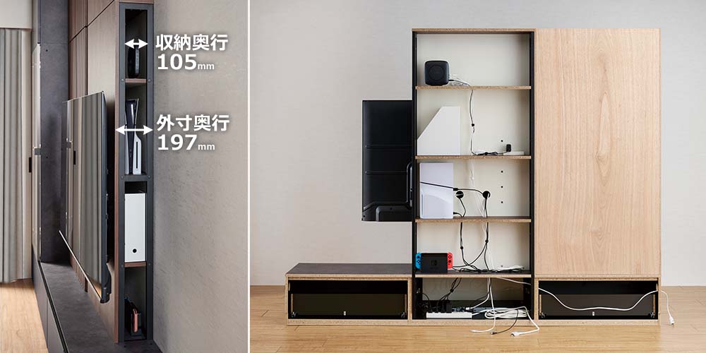 サイドオープンラックと背面の配線イメージ